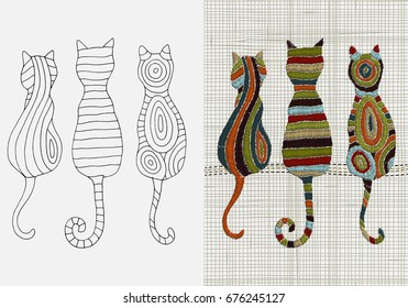 Set of Embroidery Patterns.  Cats.  Zentangle style. Vector Embroidery home decor, ornament for textile,  fashion, fabric pattern. Linen cloth texture.  Colorful Embroidery design pattern