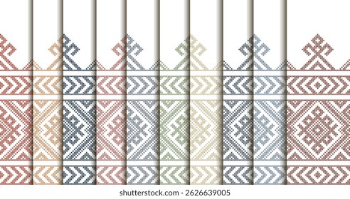 Set of embroidery patterns. Slavic folk motifs. Imitation of cross stitch. Red ornament on a white background. Seamless background.