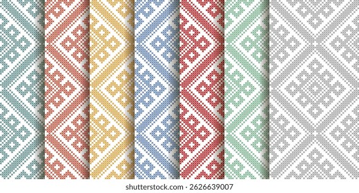 Set of embroidery patterns. Slavic folk motifs. Imitation of cross stitch. Red ornament on a white background. Seamless background.