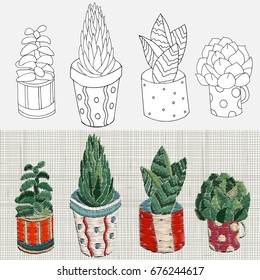 Set of Embroidery Patterns: succulents, cactus and pots. Set of cute hand drawn doodles design elements. Linen cloth texture. Colorful floral embroidery design pattern.