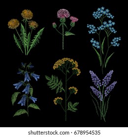 Set of embroidery plants on black background. Different flower compositions, wildflowers. Folk line trendy pattern for clothes, dress, decor. Colorful satin stitch floral design vector illustration.