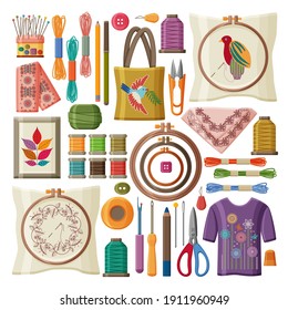 Set of embroidery products and tools isolated on white background. Embroidery hoops, threads and needles. Tablecloth, scarf and bag.