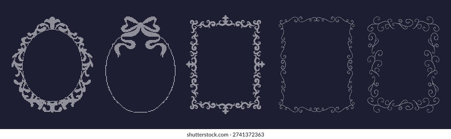 Set of embroidery stitched lace frames with swirls, curls, bow and flourishes. Ornate crochet wedding borders. Pixel art elegant templates. Vector graphic
