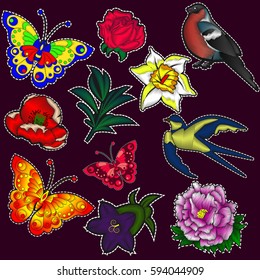 Set embroidery, stripes, different kinds of flowers, birds, butterflies. Ethnic ornament. For your design.