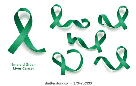 Set of emerald green curly ribbons and loops realistic style, vector illustration isolated on white background. Symbol of liver cancer awareness month and solidarity or support sign