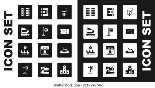 Ponga freno de emergencia, ubicación de café y restaurante, tren de alta velocidad, ferrocarril, ferrocarril, billete de tren, ferrocarril de vías rotas, placa con comida y icono de sala de espera. Vector