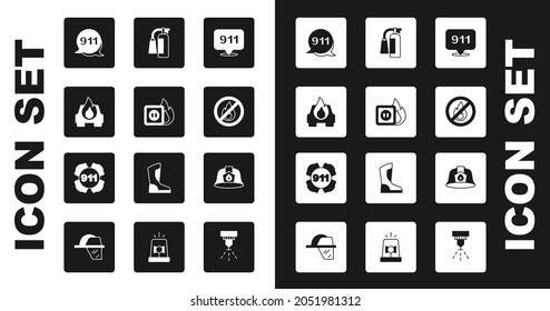 Set Emergency call 911, Electric wiring of socket in fire, Burning car, No, Fire extinguisher, Firefighter helmet and  icon. Vector