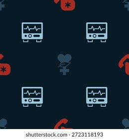 Definir chamada de emergência 911, Ethnoscience e Monitor com cardiograma em padrão sem costura. Vetor
