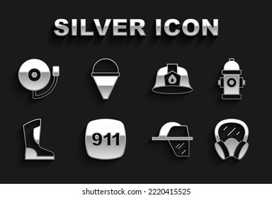 Set Emergency call 911, Fire hydrant, Gas mask, Firefighter helmet, boots, Ringing alarm bell and cone bucket icon. Vector
