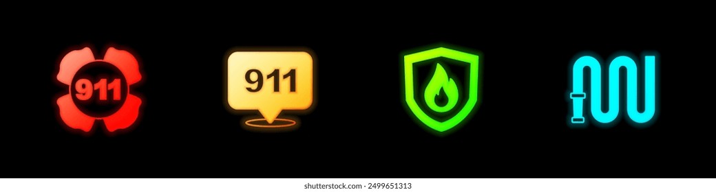 Set Emergency call 911, Fire protection shield and hose reel icon. Vector