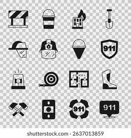 Set Emergency call 911, Fire boots, in burning building, Firefighter helmet, Road barrier and cone bucket icon. Vector