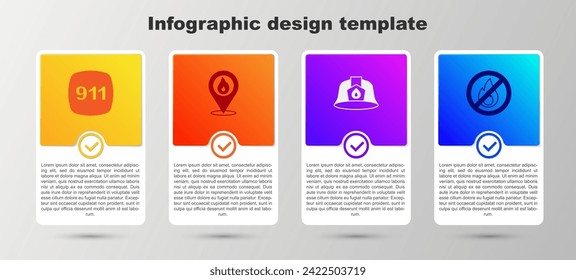 Set Emergency call 911, Location with fire flame, Firefighter helmet and No. Business infographic template. Vector