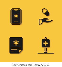 Set Emergency call 911, Location hospital, Patient record and Medical prescription icon with long shadow. Vector