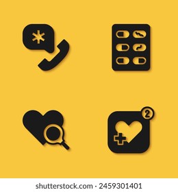 Set Emergency call 911, Mobile with heart rate, Medical inspection and Pills blister pack icon with long shadow. Vector