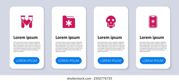 Set Emergency call 911, Skull, Medical health record folder and Test tube with blood. Business infographic template. Vector