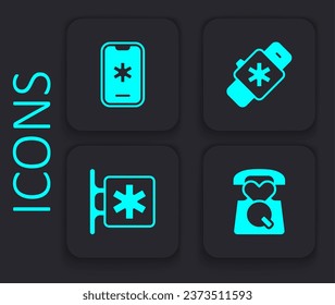 Set Emergency call 911, Smart watch with heart and - Star of Life icon. Black square button. Vector