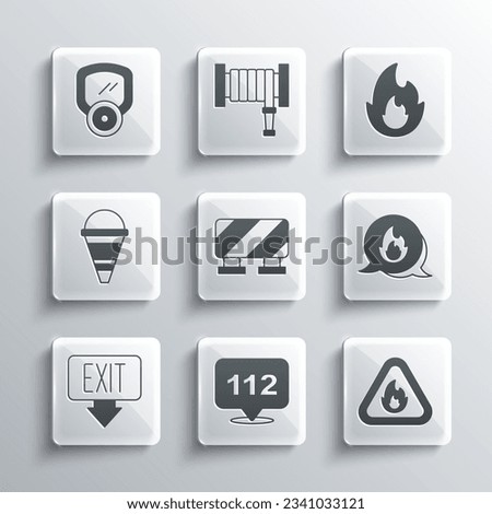 Set Emergency call, Fire flame in triangle, Road barrier, exit, cone bucket, Gas mask and  icon. Vector