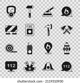 Set Emergency call, Fire hydrant, Firefighter axe, hose reel, alarm system, Road barrier, Gas mask and  icon. Vector