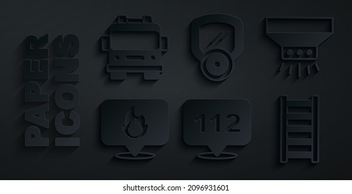 Set Emergency call, Fire sprinkler system, Location with fire flame, escape, Gas mask and truck icon. Vector