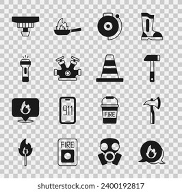 Set Emergency call, Firefighter axe, Hammer, Ringing alarm bell, hydrant, Flashlight, Smoke system and Traffic cone icon. Vector