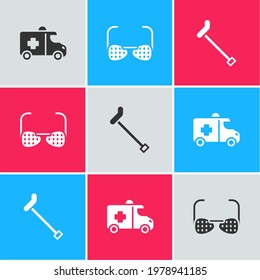 Set Emergency car, Blind glasses and Walking stick cane icon. Vector