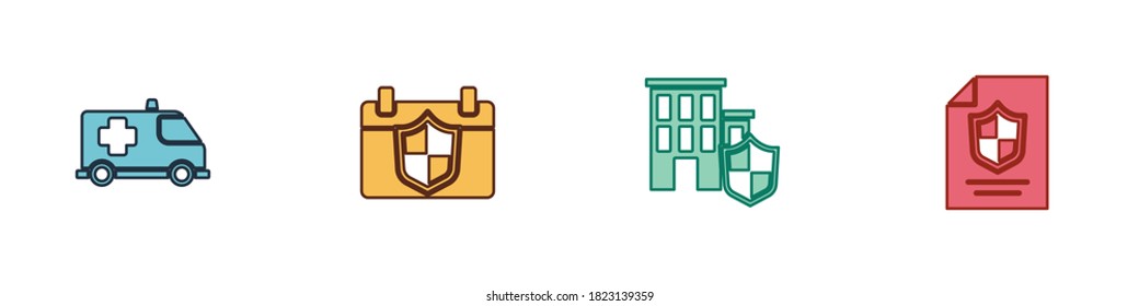 Set Emergency car, Calendar with shield, House and Contract icon. Vector.