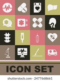 Set Emergency car, Healed broken heart, Sore throat, Doctor appointment, Medical symbol of the, Dialogue with doctor, Heart rate and Crossed bandage plaster icon. Vector