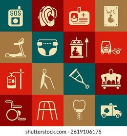 Set Emergency car, Man without legs sitting wheelchair, Disabled, Identification badge, Adult diaper, Treadmill machine, Press the SOS button and Elevator for disabled icon. Vector