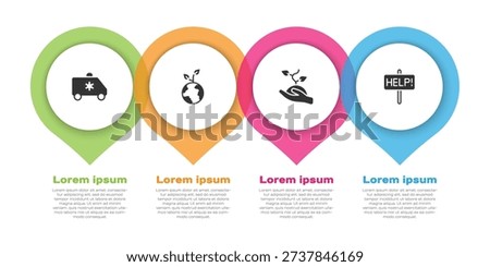 Set Emergency car, Volunteer team planting trees,  and Help sign. Business infographic template. Vector