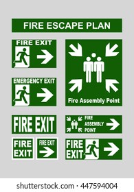 Set of emergency exit banners fire exit, emergency exit, fire assembly point, evacuation exit for fire escape plans