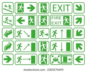 Set of emergency exit and fire exit signs, assembly point in case of fire, emergency exit direction. Vector illustration.