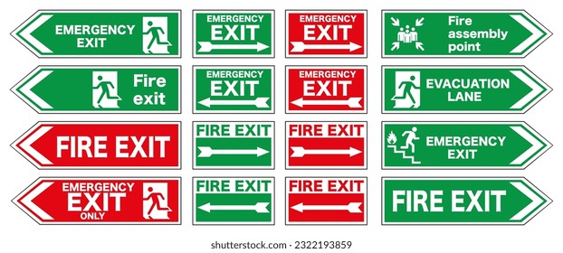 Set of emergency exit and fire exit signs, fire gathering place, emergency exit direction. Vector illustration. EPS 10.