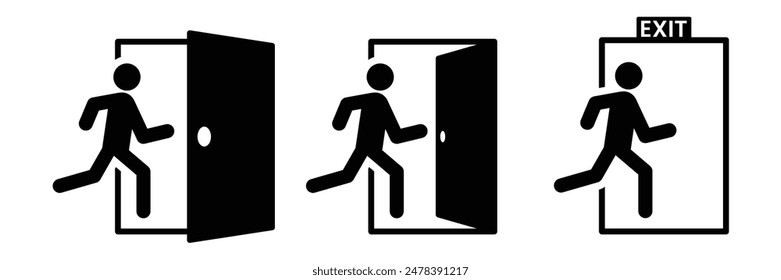 Set of Emergency exit icon collection. Running man and exit door sign. Vector Illustration.