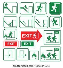 Set of emergency exit Sign (fire exit, emergency exit, evacuation lane, Fire Extinguisher, stairs, public navigation, signs, entrance, doors and more