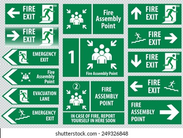 Set of emergency exit Sign (fire exit, emergency exit, fire assembly point, evacuation lane).