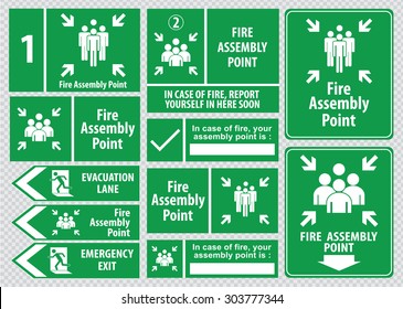 Set of emergency exit Sign (fire exit, emergency exit, fire assembly point, evacuation lane).