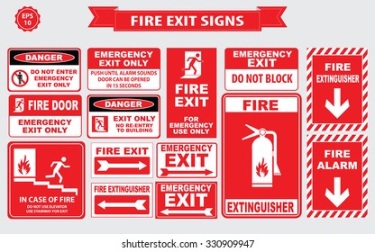 Set of emergency exit Sign (fire exit, emergency exit, fire extinguisher, fire door).