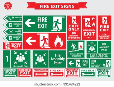 Set of emergency exit Sign (fire exit, emergency exit, fire assembly point, evacuation lane, Fire Extinguisher, For Emergency use only, no re-entry to building).