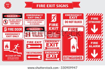 Set of emergency exit Sign (fire exit, emergency exit, fire extinguisher, fire door).