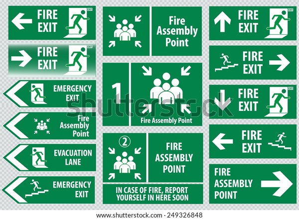 Set of emergency exit Sign (fire\
exit, emergency exit, fire assembly point, evacuation\
lane).
