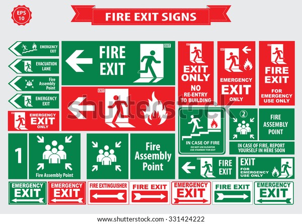 Set of emergency exit Sign\
(fire exit, emergency exit, fire assembly point, evacuation lane,\
Fire Extinguisher, For Emergency use only, no re-entry to\
building).