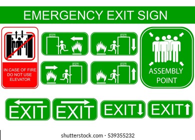 Set of Emergency Exit Sign, Isolated on White
