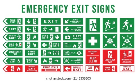 Set of emergency exit signs. Evacuation and relocation of people to safety. Vector illustration on a white background