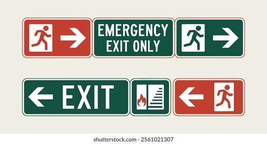 Set of emergency exit signs. Evacuation and relocation of people to safety.	