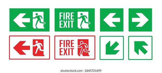  set emergency exit signs, fire exit icons and directions