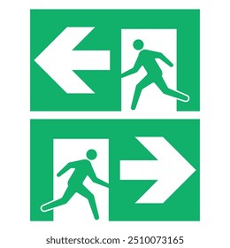 Set of emergency exit signs. Green exit sign with a running silhouette and direction arrow. Vector illustration