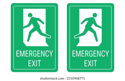 Conjunto de sinais de saída de emergência sobre fundo branco. Sinal de saída verde com uma silhueta e texto em execução. Ilustração vetorial