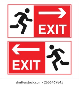Conjunto de sinais de saída de emergência com ícone de homem correndo e setas direcionais. Inclui variações à esquerda e à direita. Fundo vermelho negrito com texto branco e design de segurança claro para orientação de evacuação.