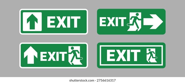 Conjunto de señales de salida de emergencia con símbolo de hombre en marcha, flechas direccionales y paneles de seguridad verdes. Ideal para navegación de edificios, guía de evacuación, sistemas de señalización de seguridad y diseño de orientación de instalaciones públicas.