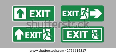 Set of emergency exit signs with running man symbol, directional arrows, and green safety panels. Ideal for building navigation, evacuation guidance, safety signage systems, and public facility wayfinding design.